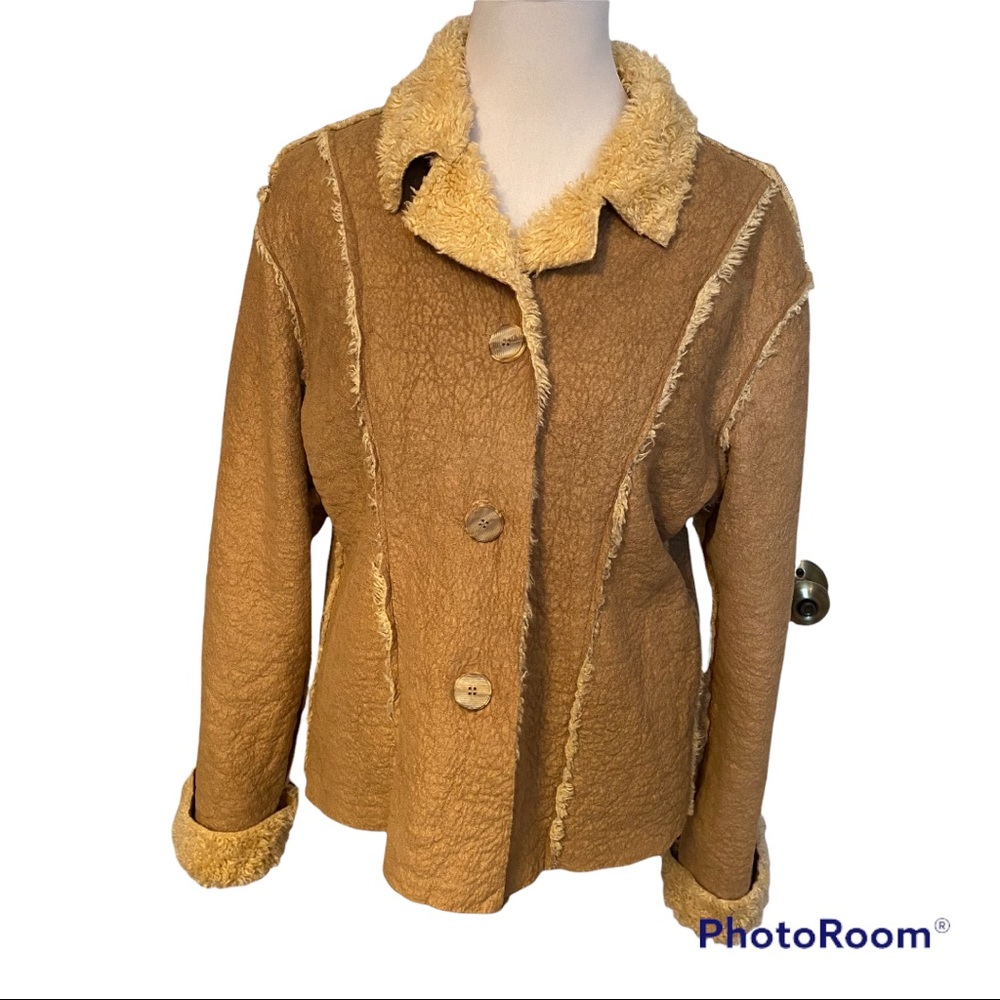 TRUE GRIT JACKET COAT TAN FAUX SUEDE CREAM SHEARLING LOOK CURLY SHEEPSKIN Size M